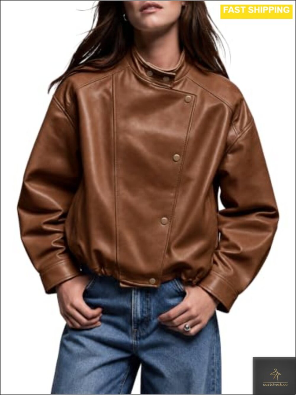 Oversized Faux Leather Cropped Moto Jacket Snap Button